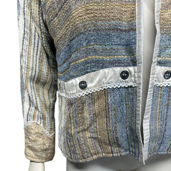 Vintage Silk Yak Magik Decoration Striped Jacket Light Open Coat Blazer Pockets - Picture 3 of 11